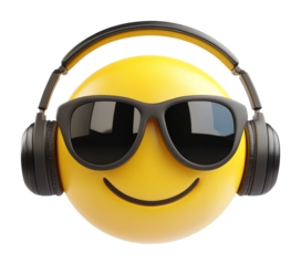 PNG Yellow emoji with sunglasses and headphones illustration accessories electronics.