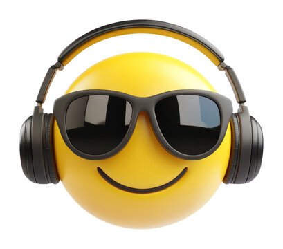 PNG Yellow emoji with sunglasses and headphones illustration accessories electronics.