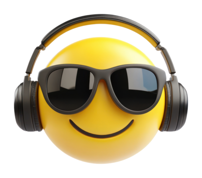 PNG Yellow emoji with sunglasses and headphones illustration accessories electronics.