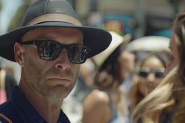 Portrait of a man with sunglasses and hat in the city.