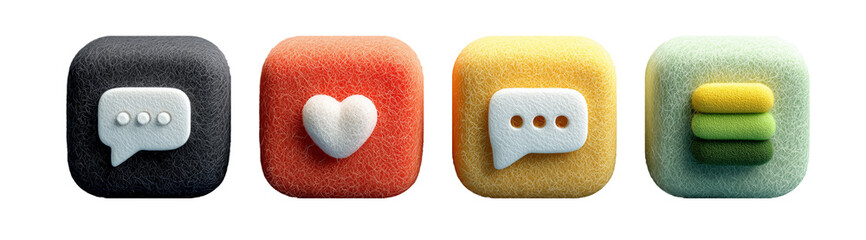 Wool Felt Pastel 3D Icon Set: Speech Bubble, Heart, Menu Illustration