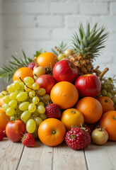 Abundant Fresh Fruit Display on Rustic Wooden Table