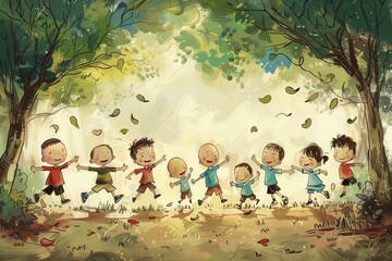 Children playing in the autumn forest. Children play in the autumn forest.