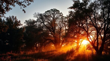 Sunlit Trees: Golden sun peeks through silhouetted tree, casting a magical glow over the landscape in nature.
