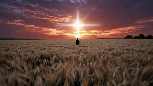 Christian silhouette praying in golden wheat field under glowing cross light at sunset, spiritual worship and faith scene for inspirational or religious video background - Powered by Adobe