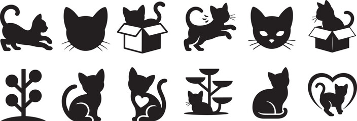 Black cat silhouettes in various poses and settings kitten white