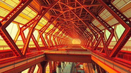 Architectural Marvel: An eye-level perspective unveils a robust network of interconnected metal beams forming an open bridge, creating a captivating display of architectural brilliance. The warm.