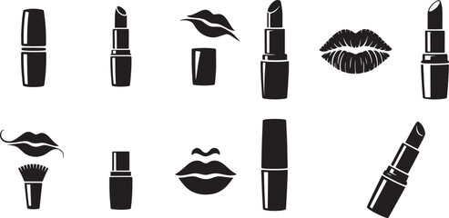 Black lipstick and lip icons arranged on white background makeup beauty