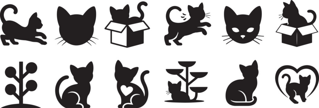 Black cat silhouettes in various poses and settings kitten white