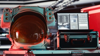 Failed mission alert blinking over space helmet next to laptop in spacecraft displaying cosmic journey analytics. Critical error warning in starship with notebook doing readouts for planet voyage