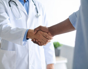 Doctor and patient are shaking hands in medical setting, symbolizing trust and collaboration in healthcare. This moment reflects positive interaction and mutual respect
