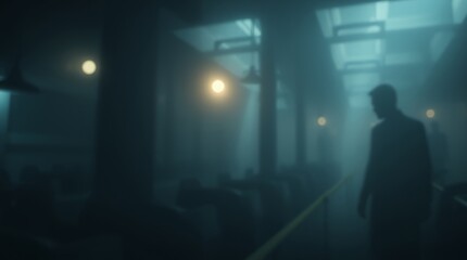Shadows of Introspection: A solitary figure treads through a dimly lit, industrial setting, illuminated by eerie glows, evoking a sense of isolation and contemplation.