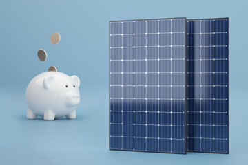 Photovoltaic solar panel and piggy bank on blue background - 3d illustration