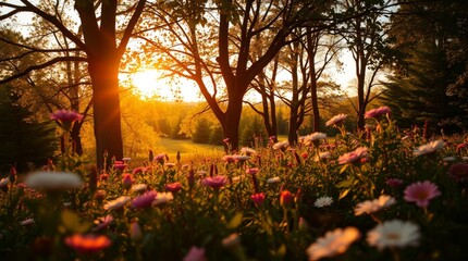 Golden Hour Bloom: A sun-drenched meadow explodes with vibrant wildflowers under the warmth of golden hour, creating a peaceful sanctuary.
