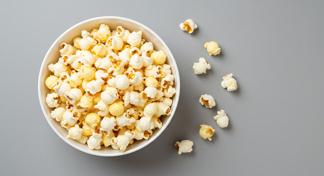 A white bowl of fresh popcorn viewed from above on a gray background with some kernels spilled. A classic snack for movie nights.
