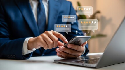 Business professional using smartphone for customer reviews and ratings, with laptop, showcasing online reputation management