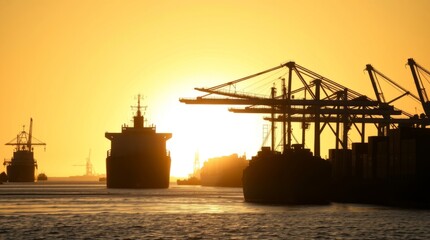 Golden Harbor Silhouette: A serene harbor scene is illuminated by the golden light of the setting sun, with cargo ships and cranes silhouetted against the sky.