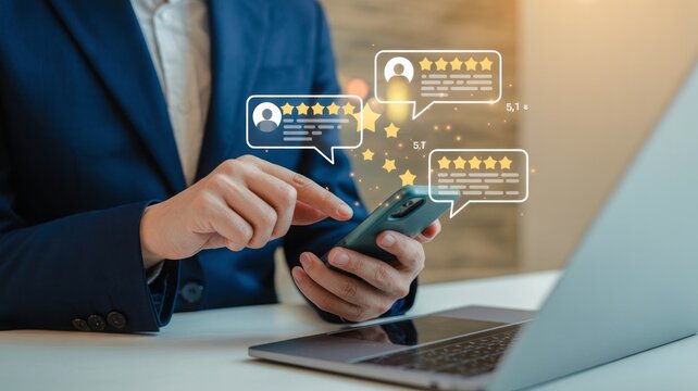 Man using a mobile phone with reviews floating, showcasing online feedback and customer ratings on a modern tech device.