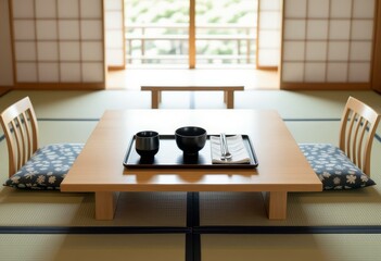 Traditional Japanese Floor Table with Chopsticks and Ceramic Bowls in Serene Setting