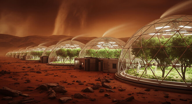 Oxygen farm on the red sands of Mars with astronauts tending glowing trees inside futuristic greenhouse domes
