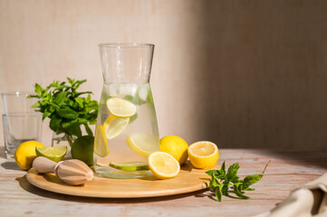 Lemonade with lemons, limes and fresh mint. Refreshing, homemade lemonade. Copy space