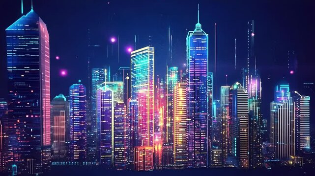 Futuristic cityscape glowing at night, featuring interconnected buildings that embody the smart city concept and illustrate the dynamic flow of digital information and technology