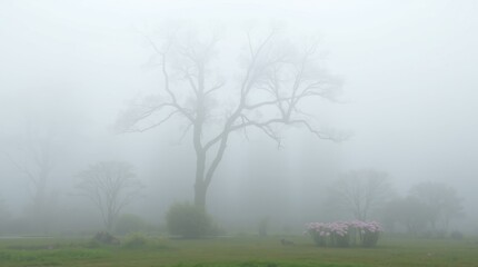 Mystic Forest: A haunting scene of bare trees and lush greenery emerges from a thick, enveloping fog, creating an atmospheric and mysterious landscape.