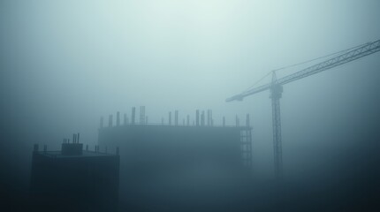Construction in the Mist: A modern construction site shrouded in a dense, ethereal mist. The towering crane, amidst the skeletal framework of the unfinished buildings.