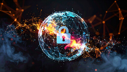 Encrypted Neural Net Sphere Floating in Dark Fog. AI themed Background. Generated Image