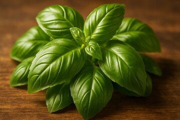Fresh basil leaves on rustic wooden surface