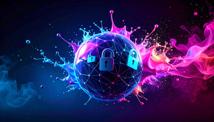 Encrypted Neural Net Sphere Floating in Dark Fog. AI themed Background. Generated Image