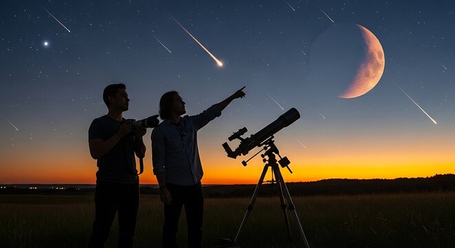 Two people silhouette stargazing with telescope and camera looking at meteor shower and crescent moon in the starry night sky during golden hour
