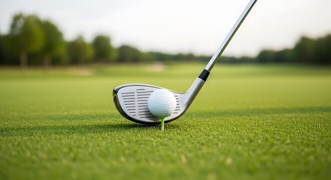 Close up of a golf ball on a tee with a driver club ready to strike the ball on a green golf course during daytime with soft focus background trees and grass
