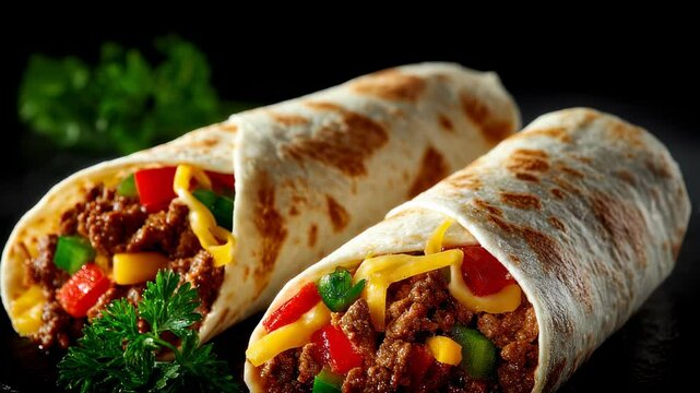 Delicious burritos with ground beef, vegetables, and cheese on a black surface