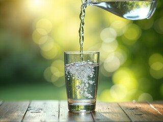 Clear glass of water being poured outdoors with natural green bokeh background, symbolizing freshness and purity. Generative AI