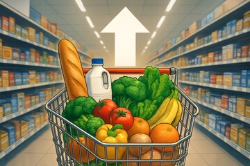 Shopping cart filled with groceries in supermarket