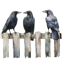 Crows Perched On Fence, watercolor drawing vector, isolated on a white background.