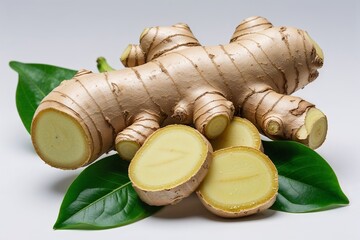 Fresh ginger root closeup with green leaves