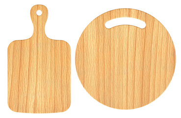 Wooden cutting boards, rectangular and round. 3D rendering isolated on transparent background