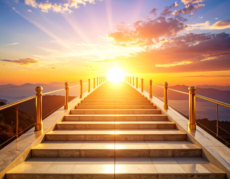 Breathtaking sunset illuminates golden steps leading towards radiant horizon, creating serene and uplifting atmosphere. scene evokes feelings of hope and tranquility