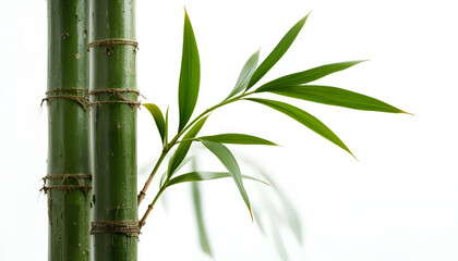 Lush green bamboo stalks with vibrant leaves present a natural and serene close up against a bright white background.