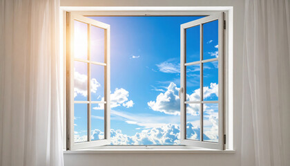 Fototapeta premium Bright sunlight streams through crystal clear window, illuminating serene sky painted with fluffy clouds. scene evokes sense of tranquility and warmth
