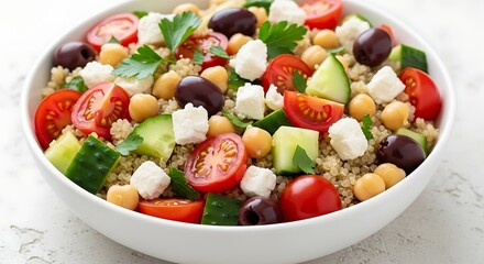 Quinoa Salad Bowl: Vibrant Mediterranean Colors Featuring Fresh Tomatoes, Cucumbers, Olives, Feta Cheese, and Chickpeas for a Healthy and Delicious Meal (Close-up)