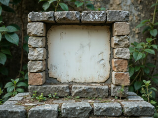Small stone frame with white empty center, surrounded by green plants, perfect for outdoor or nature concepts. Generative AI