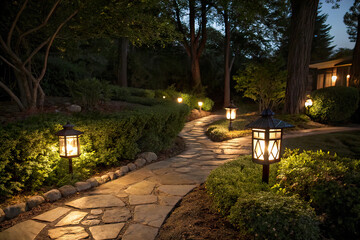 Solar lanterns illuminate stone garden path at night. Warm lights along pathway through green bushes, trees. Night photography for landscaping, home decor, outdoor design inspiration