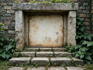 Small stone frame with white empty center, surrounded by green plants, perfect for outdoor or nature concepts. Generative AI