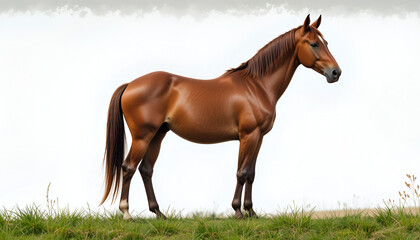 Obraz premium Captivating chestnut horse stands gracefully on green grass against a bright background, showcasing its muscular build and elegant posture.