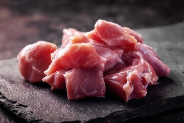 A detailed image displaying fresh rabbit meat on a dark stone emphasizing texture and color for culinary or butchery purposes