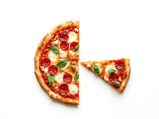 Pizza with one missing slice, isolated on white background, perfect for menu or food promotion concepts. Generative AI