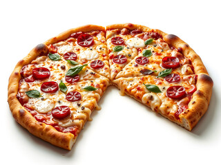 Realistic pizza with one slice pulled out, showing melted cheese and toppings, ideal for food and restaurant themes. Generative AI